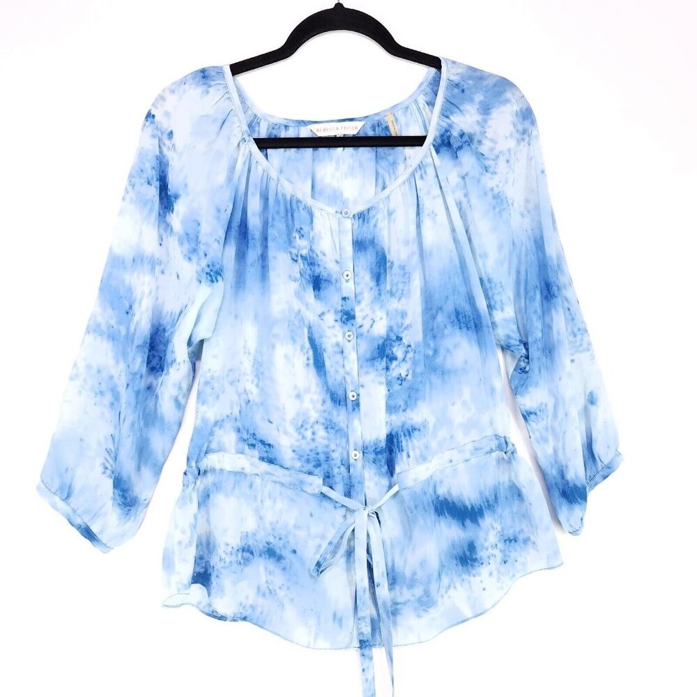 Rebecca Taylor 100% Silk Button Up Blouse Women's Top Size 8 Drawstring Belt